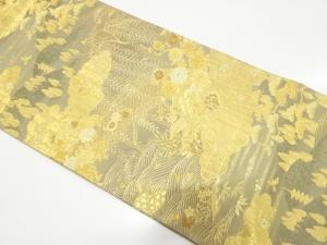 橋に枝垂れ柳・草花模様織り出し　振袖用袋帯